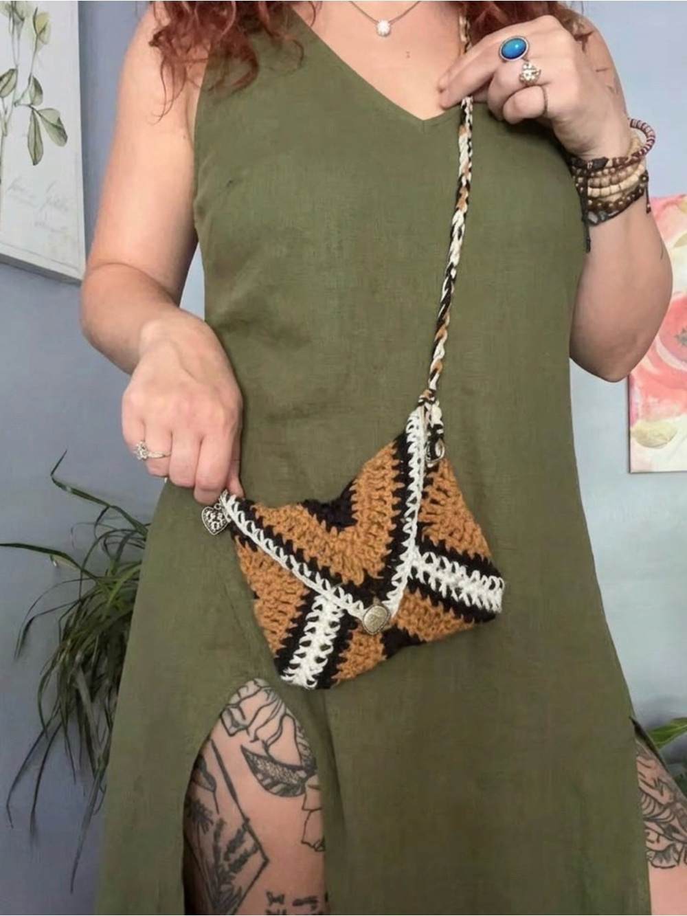 Handmade Crochet Mini Crossbody Bag in Tan, Black & White